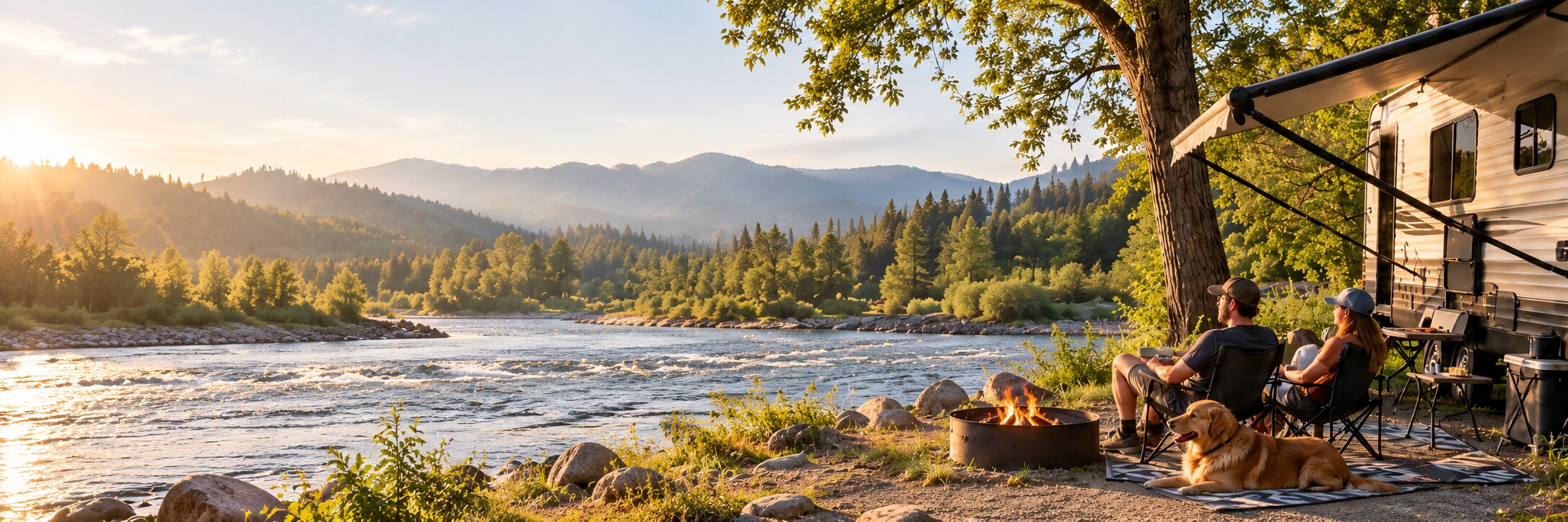 Two campers and their dog relaxing in camp chairs beside a campfire and their RV, overlooking a river and forested hills.
